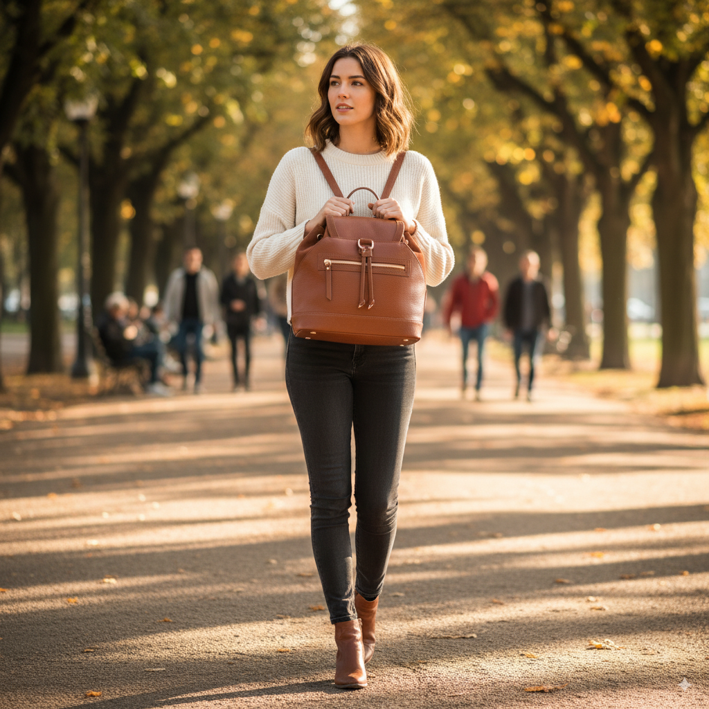 Morimi Leather Handbag Bucket Backpack Brown