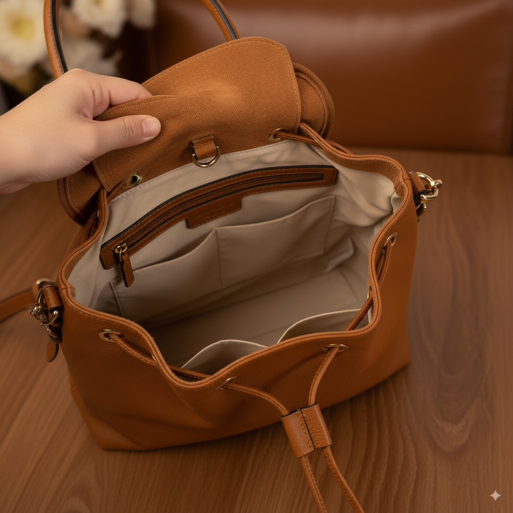 Morimi Leather Handbag Bucket Backpack Brown