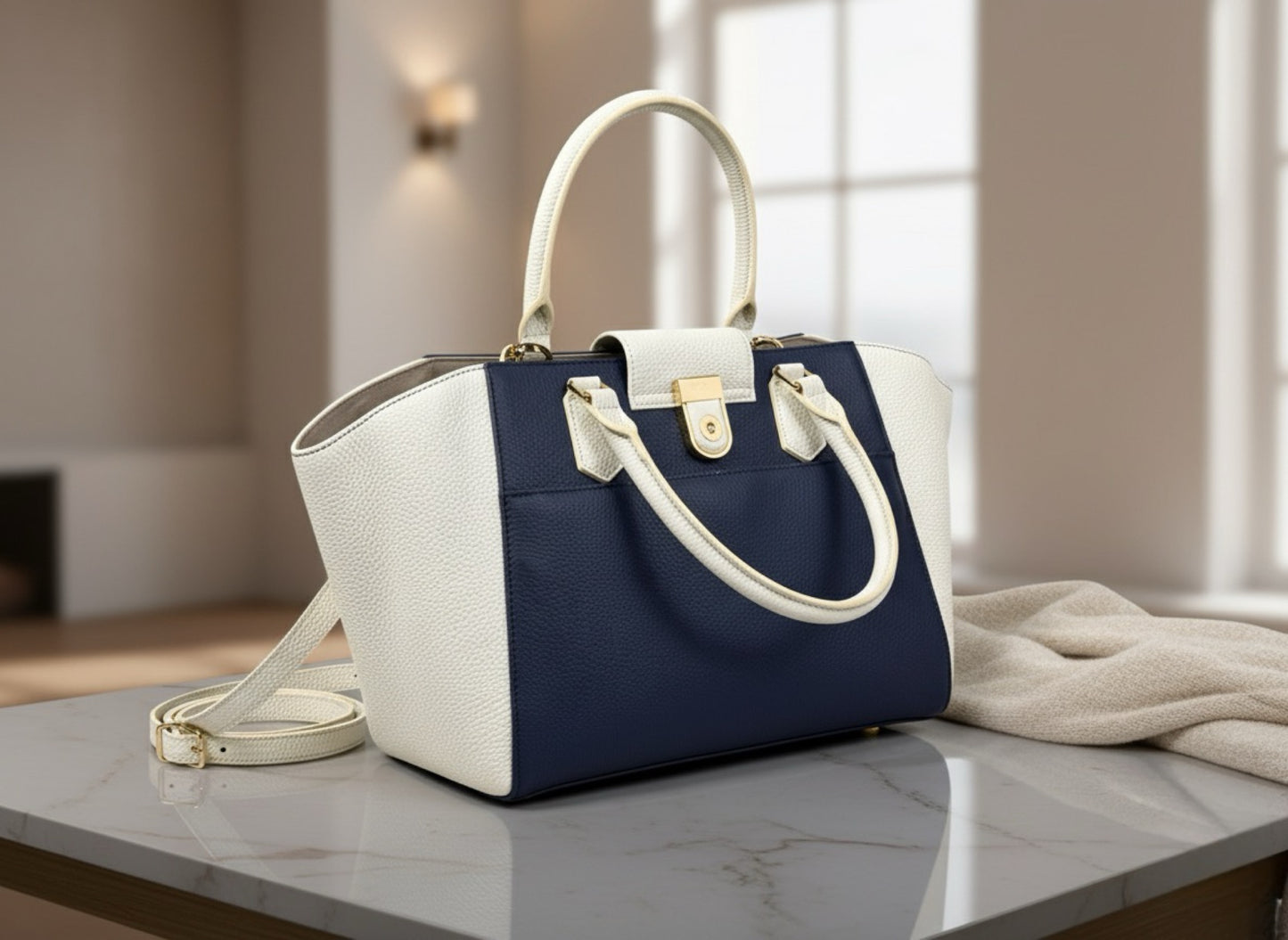 Vicenza Italian leather Blue and White hand bag Tote
