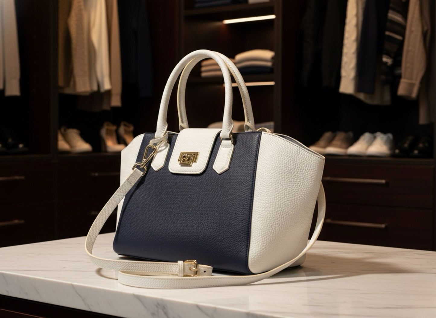 Vicenza Italian leather Blue and White hand bag Tote